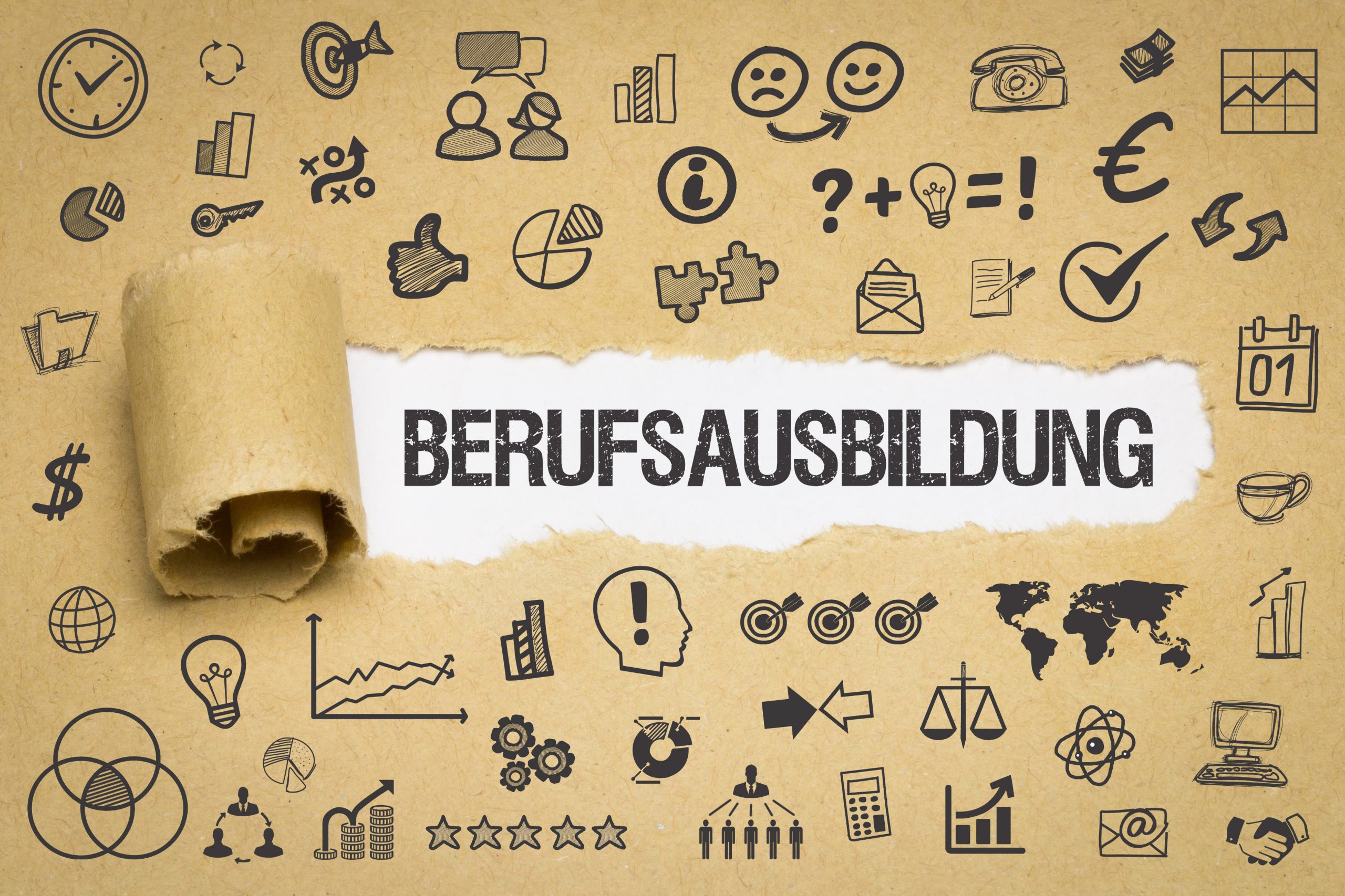 Ein Bild mit diversen Symbolen und dem Wort Berufsausbildung in der Mitte. Es dient als Beitragsbild der Beratung von Lehrbetrieben.