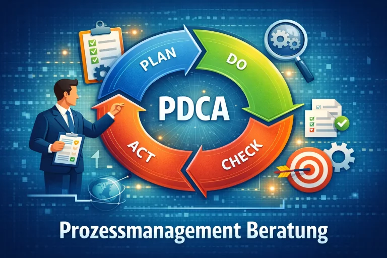Der PDCA-Zyklus, auch Deming-Kreis genannt, als Regelkreis im Prozessmanagement.