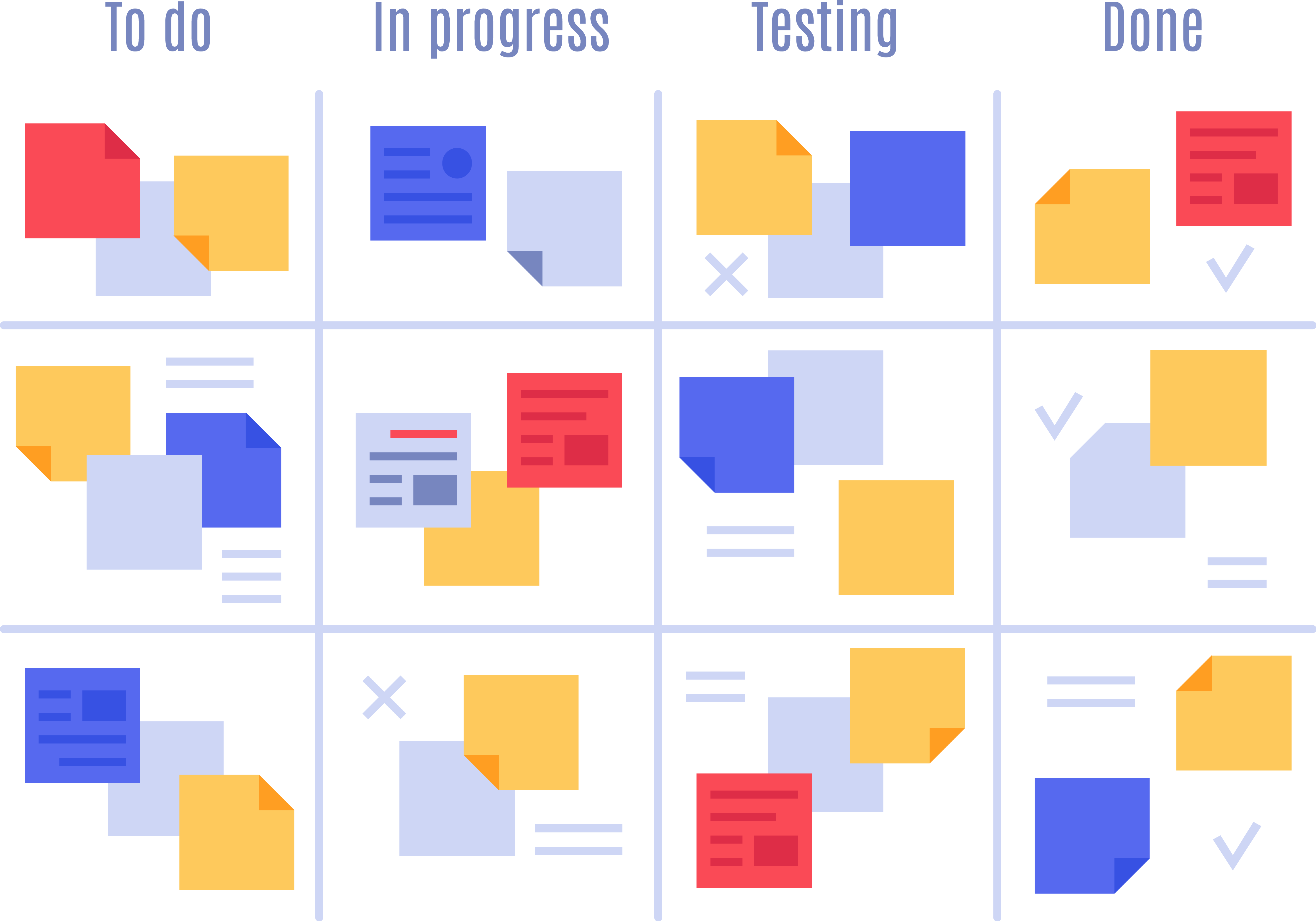Eine schematische Darstellung eines Kanban-Boards, das bei agilem Projektmanagement oftmals zur Anwendung kommt. Es dient als dekoratives Bild zum Beitrag der Dienstleistung des IT-Projektmanagements für agile IT-Projekte.